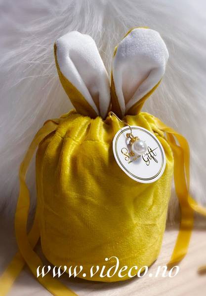 Påskepose i velour med knyting- gul