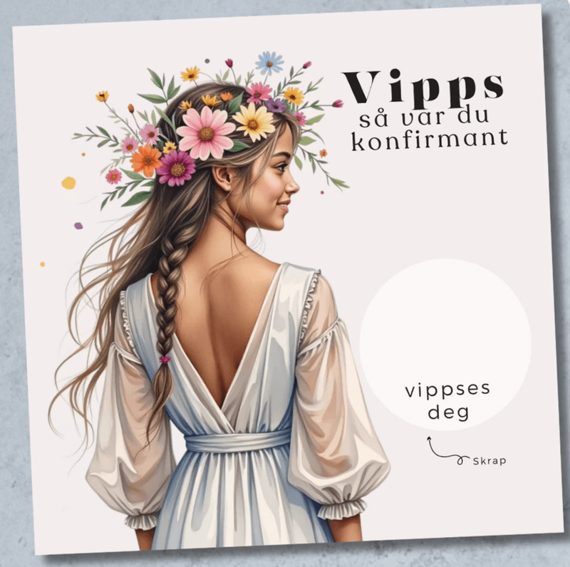 Vipps konfirmasjonskort - Blomsterkjole hvit
